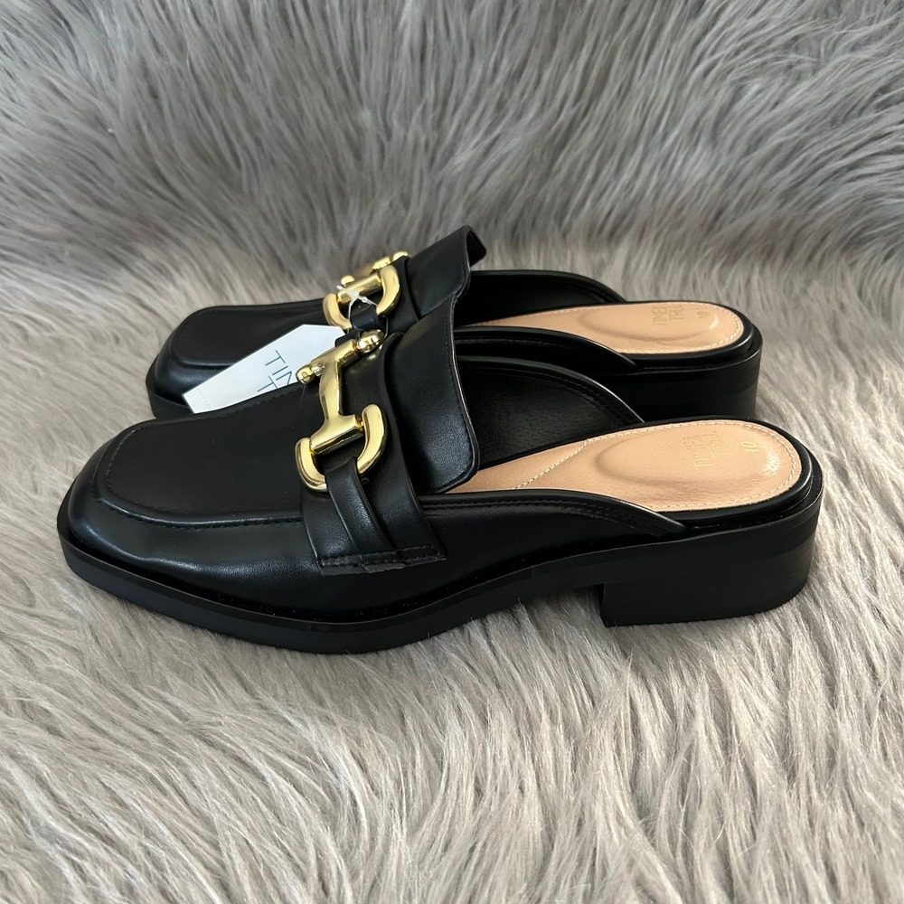 Time and Tru Black Slip-On Loafer Mules with Gold Bit
